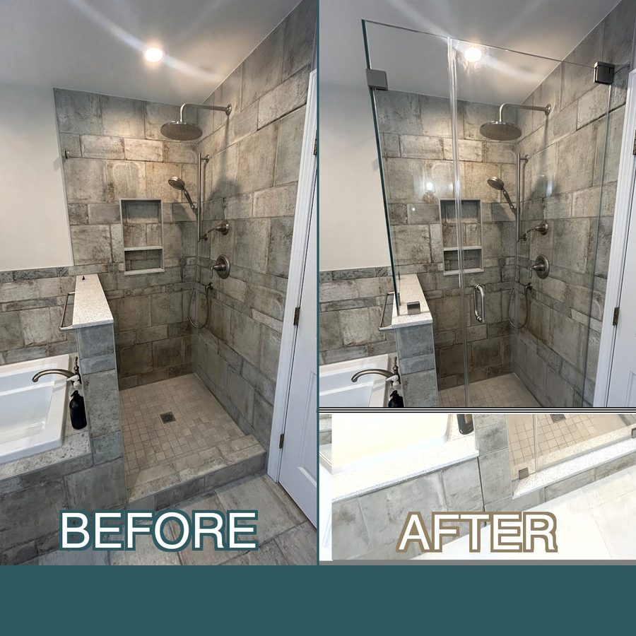 before and after shower door installation Peabody MA — open shower converted to frameless walk-in with brushed nickel hardware