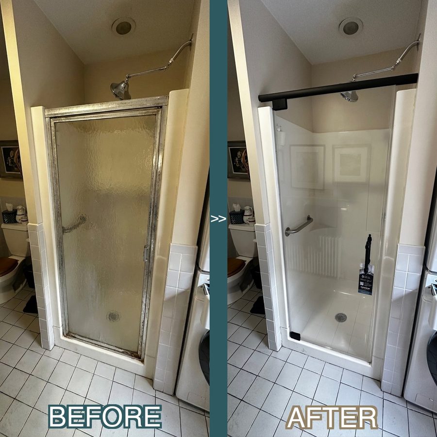before and after shower door replacement North Shore MA — old rusted framed door replaced with frameless matte black hardware