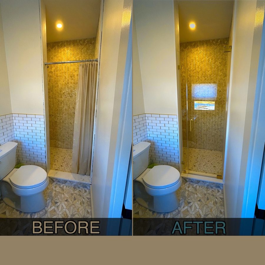 shower curtain replaced with frameless glass door Peabody MA — brushed gold hardware mosaic tile bathroom