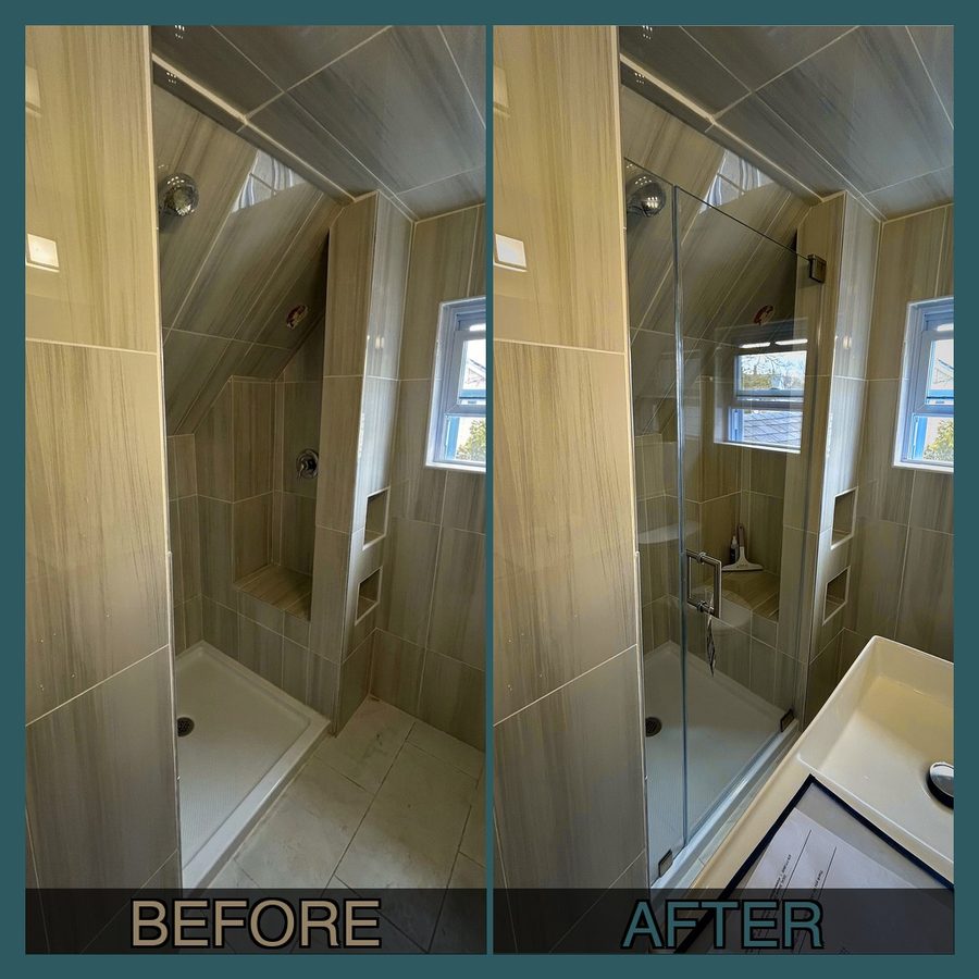 before and after custom frameless shower door angled ceiling bathroom North Shore Massachusetts