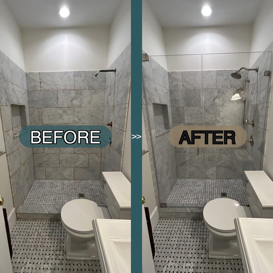 open shower converted to frameless walk-in panel marble tile Peabody MA bathroom renovation