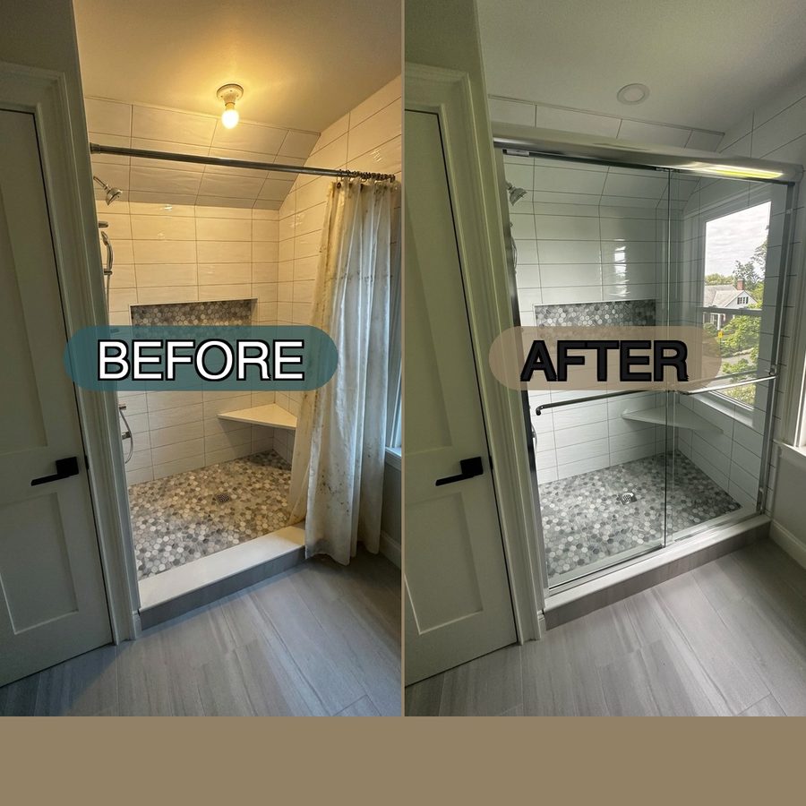 shower curtain to frameless bypass sliding door installation North Shore MA pebble floor tile
