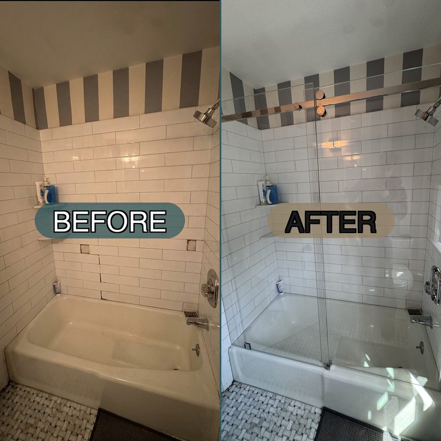 open tub surround converted to frameless tub enclosure chrome hardware Peabody Massachusetts