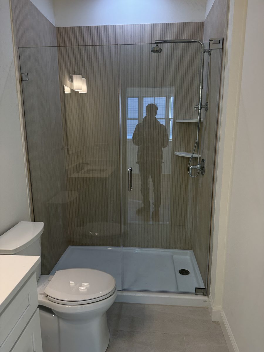 frameless alcove shower door chrome finish North Shore Massachusetts installation